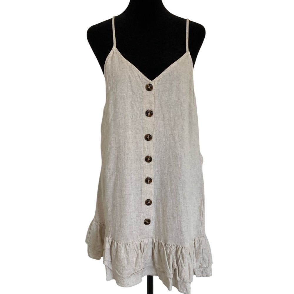 Blue Rain Womens Spaghetti Strap Lien Blend Cottagecore Dress Size M Tan Summer‎